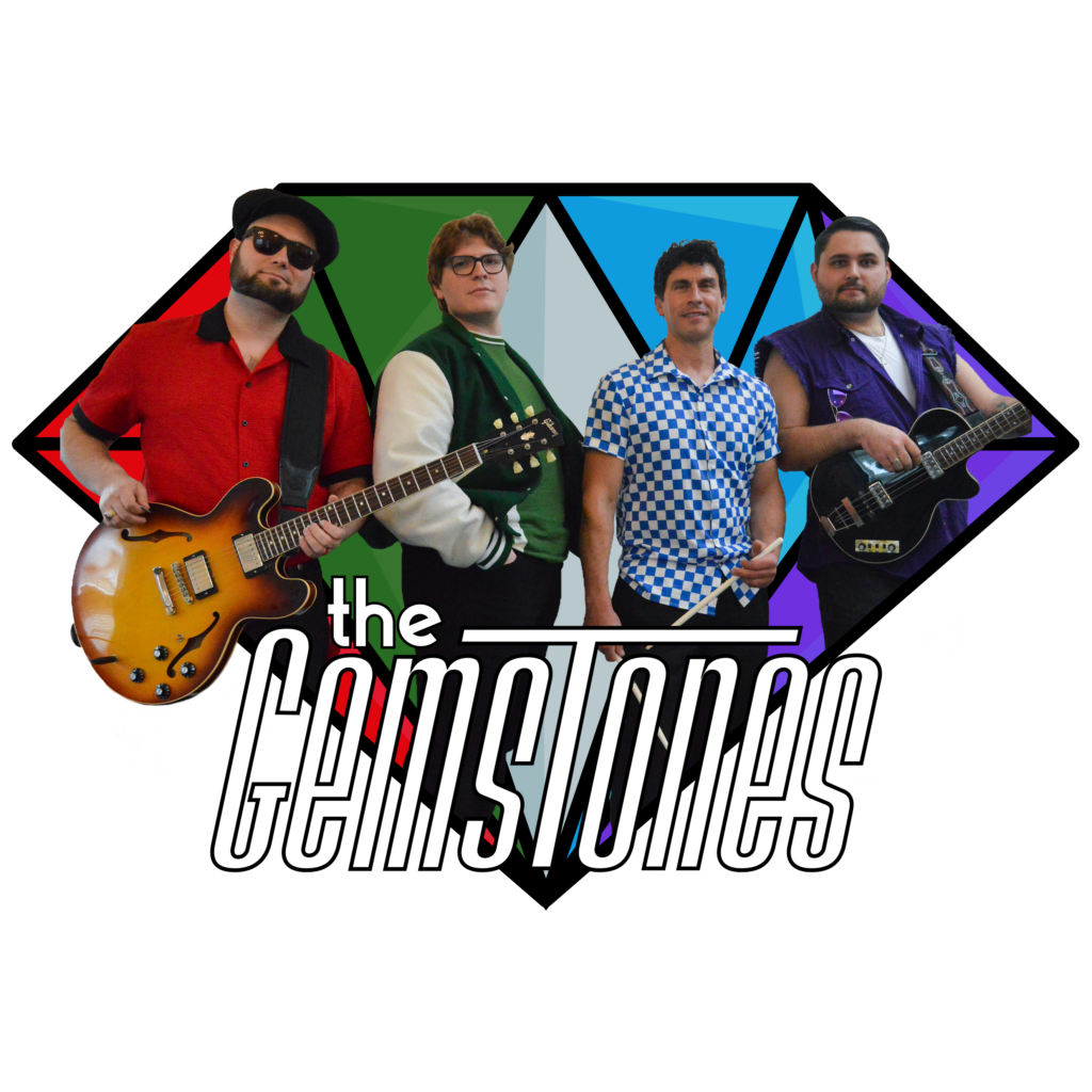 The four members of The GemsTones with their guitars and colorful gemstone artwork